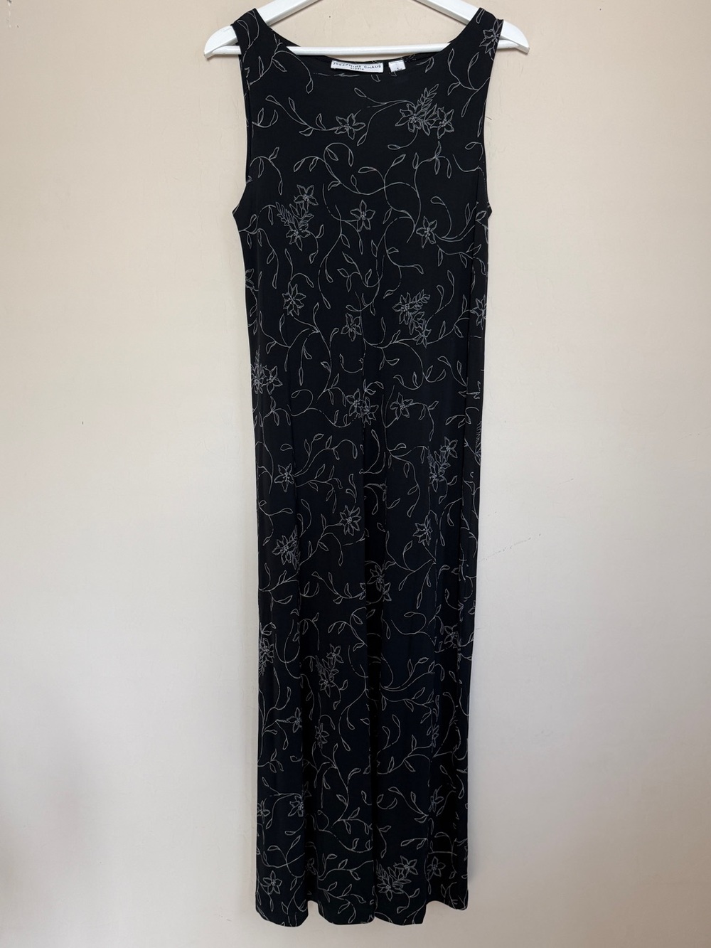 Josephine Chaus 90s Black Rayon Floral Maxi Dress White Floral Line Print Small